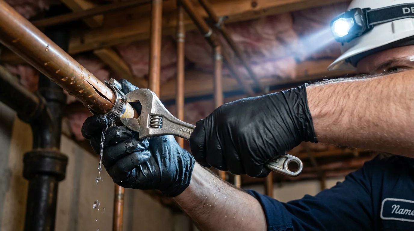 Emergency pipe clamp repair being performed by a Johns Plumbing LLC plumber in Sturgis