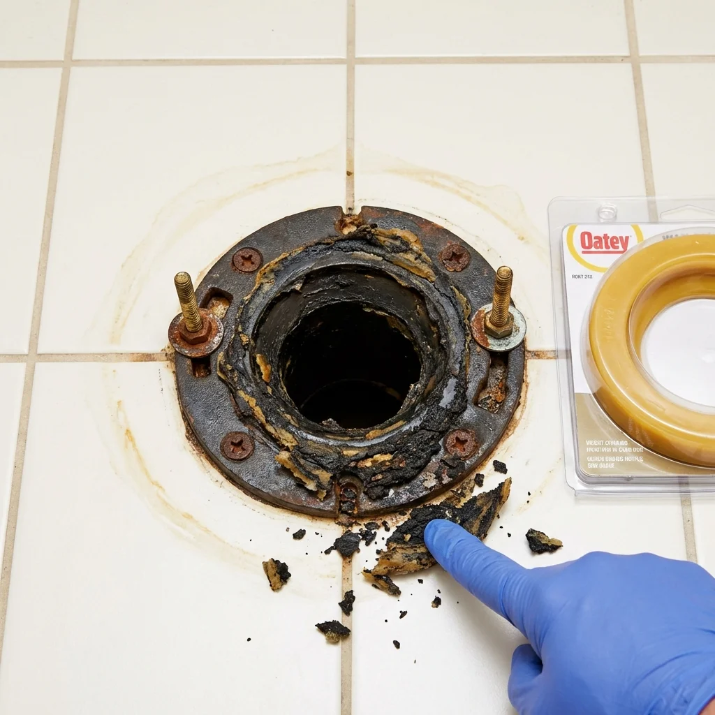 Failed wax ring showing water seepage at the base of a toilet in a Sturgis, MI home