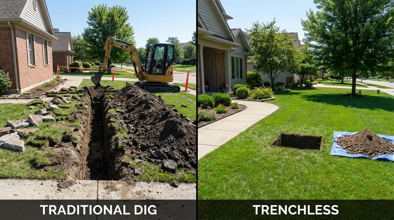 Trenchless sewer repair with minimal yard damage versus traditional excavation in Sturgis, MI